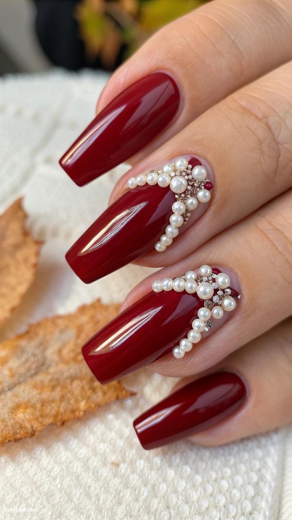 fall coffin nails Deep red with tiny pearl embellishments