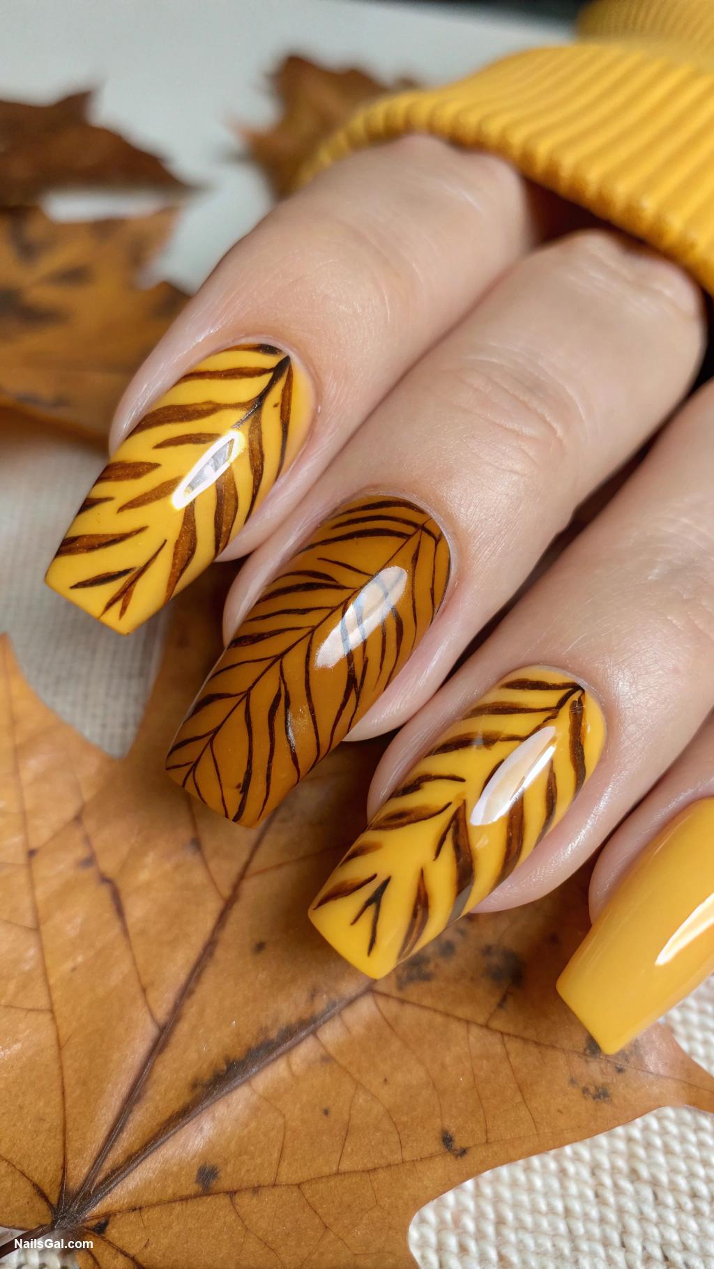 fall coffin nails Mustard yellow with brown tiger stripes
