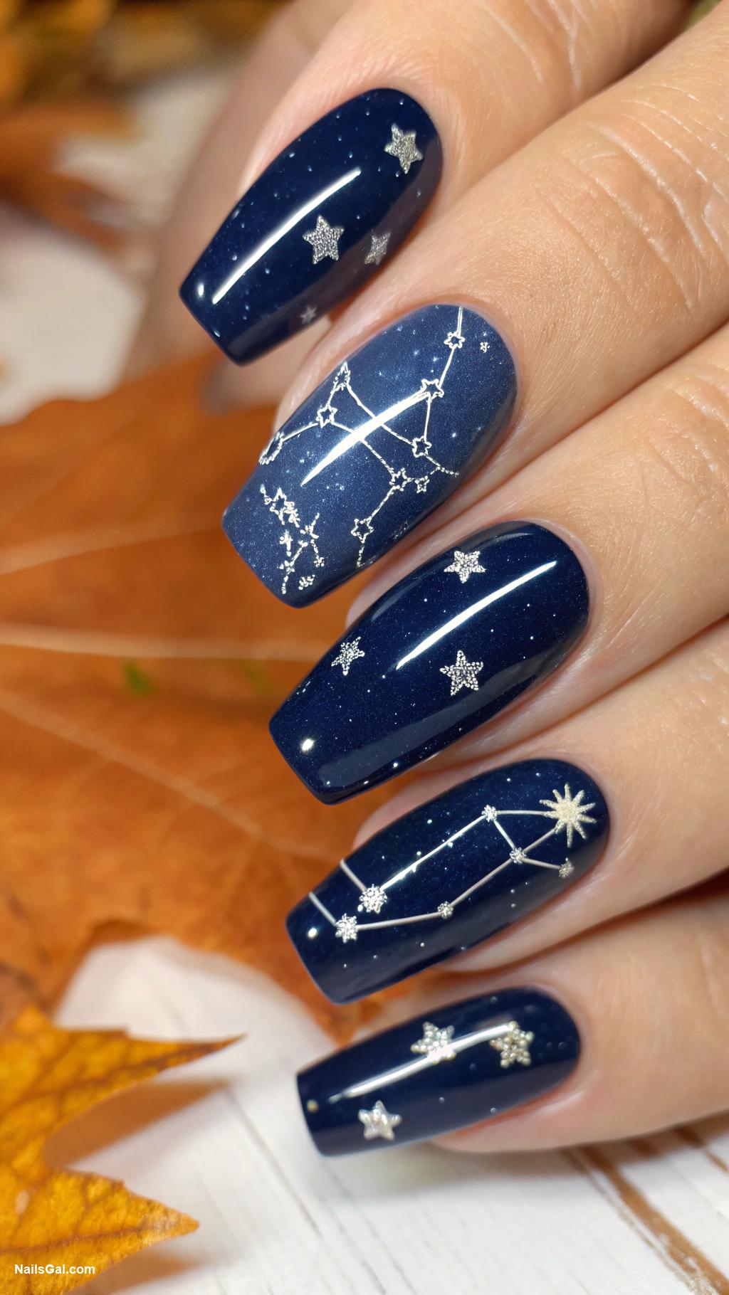 fall coffin nails Navy blue with constellation nail art