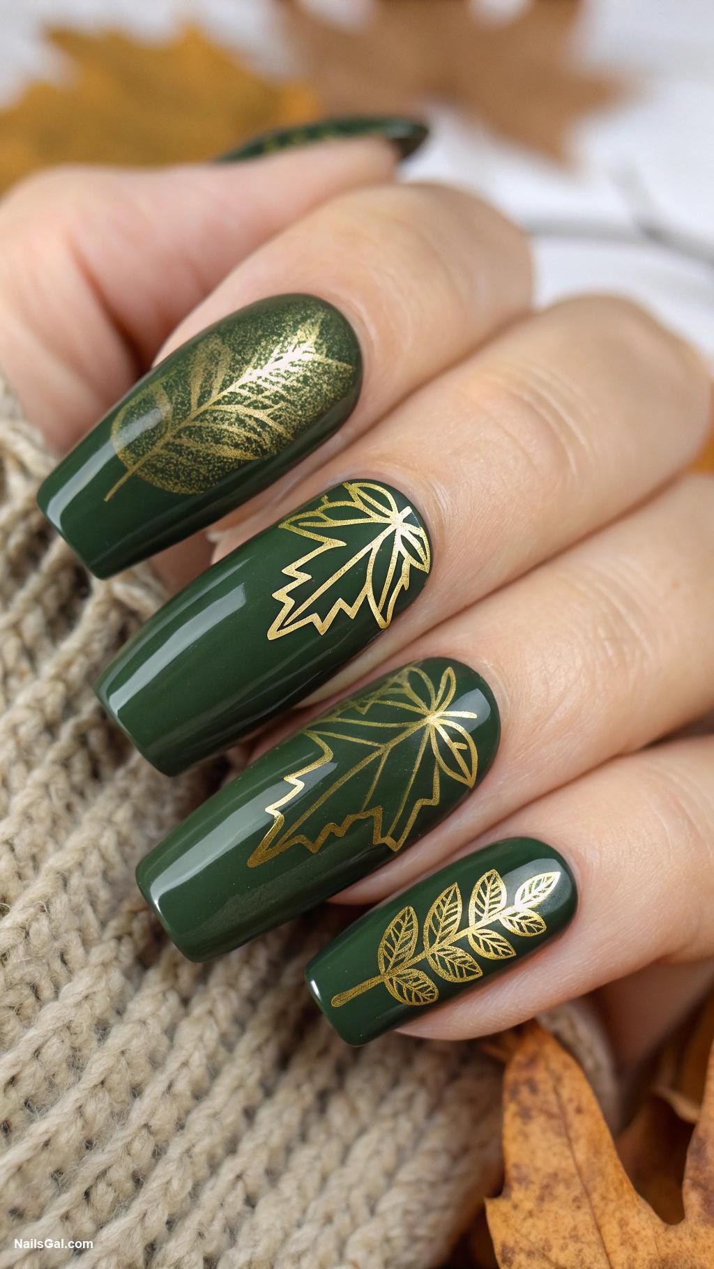 fall coffin nails Olive green with leaf stamping