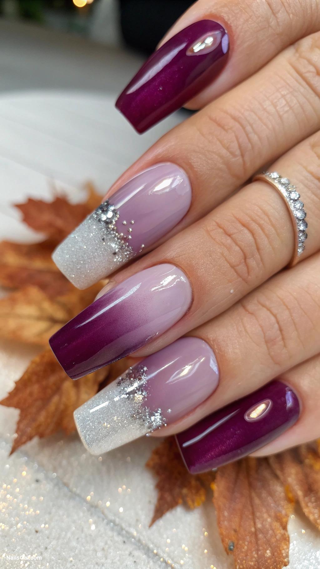 fall coffin nails Plum purple with silver ombre effect