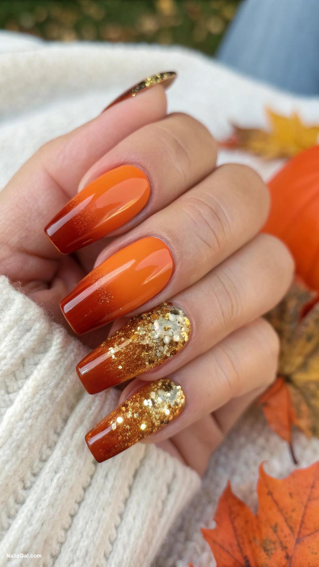 fall coffin nails Pumpkin spice gradient with glitter tips