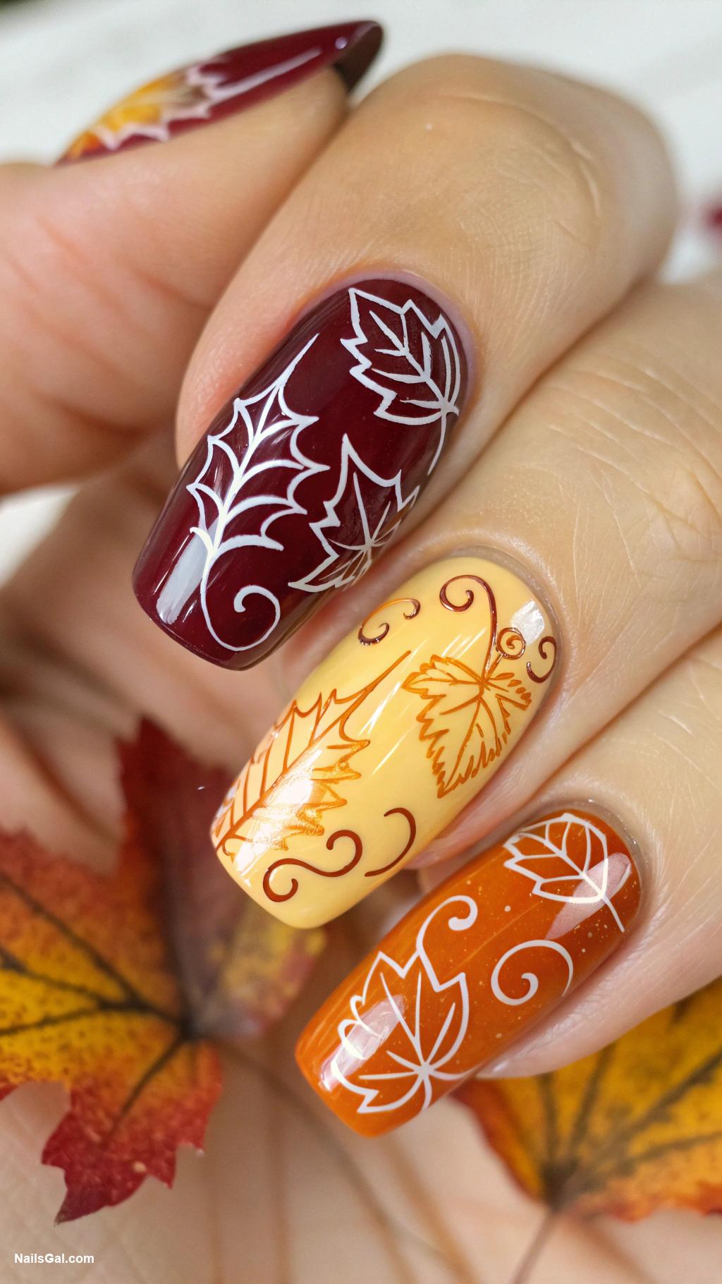 fall leaves nails Abstract leaf art with splashes of color