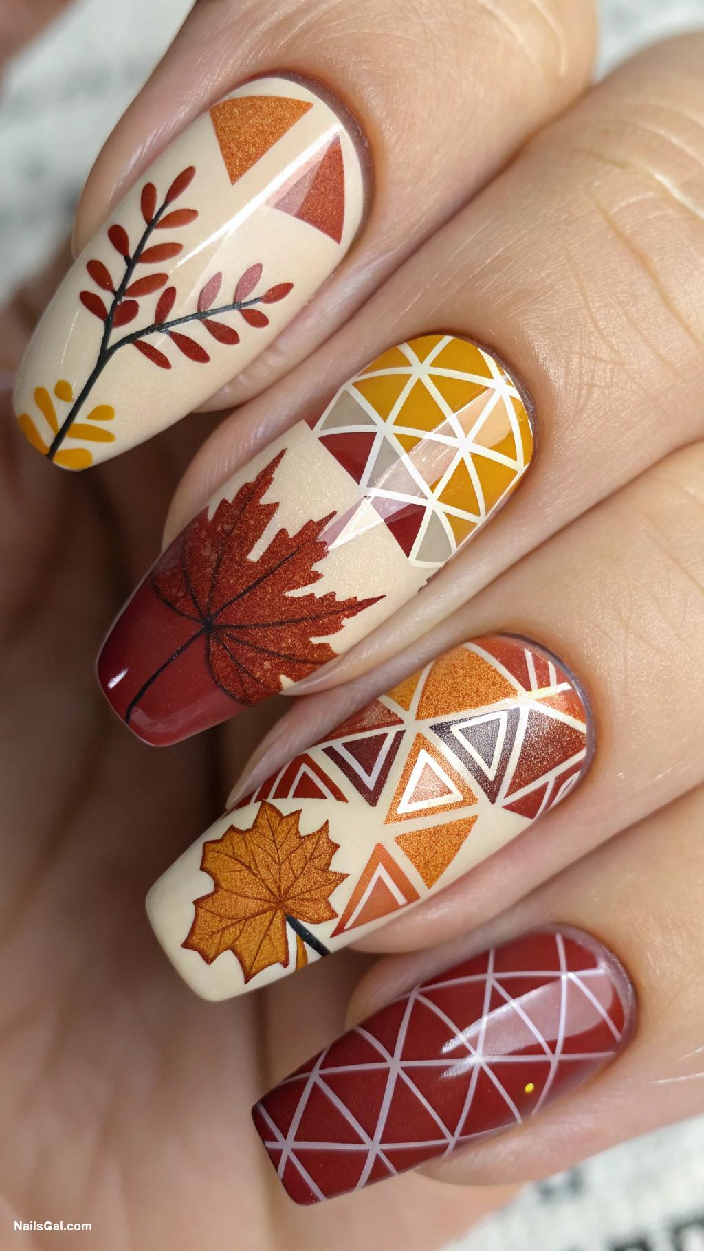 fall leaves nails Geometric shapes with tiny leaf details