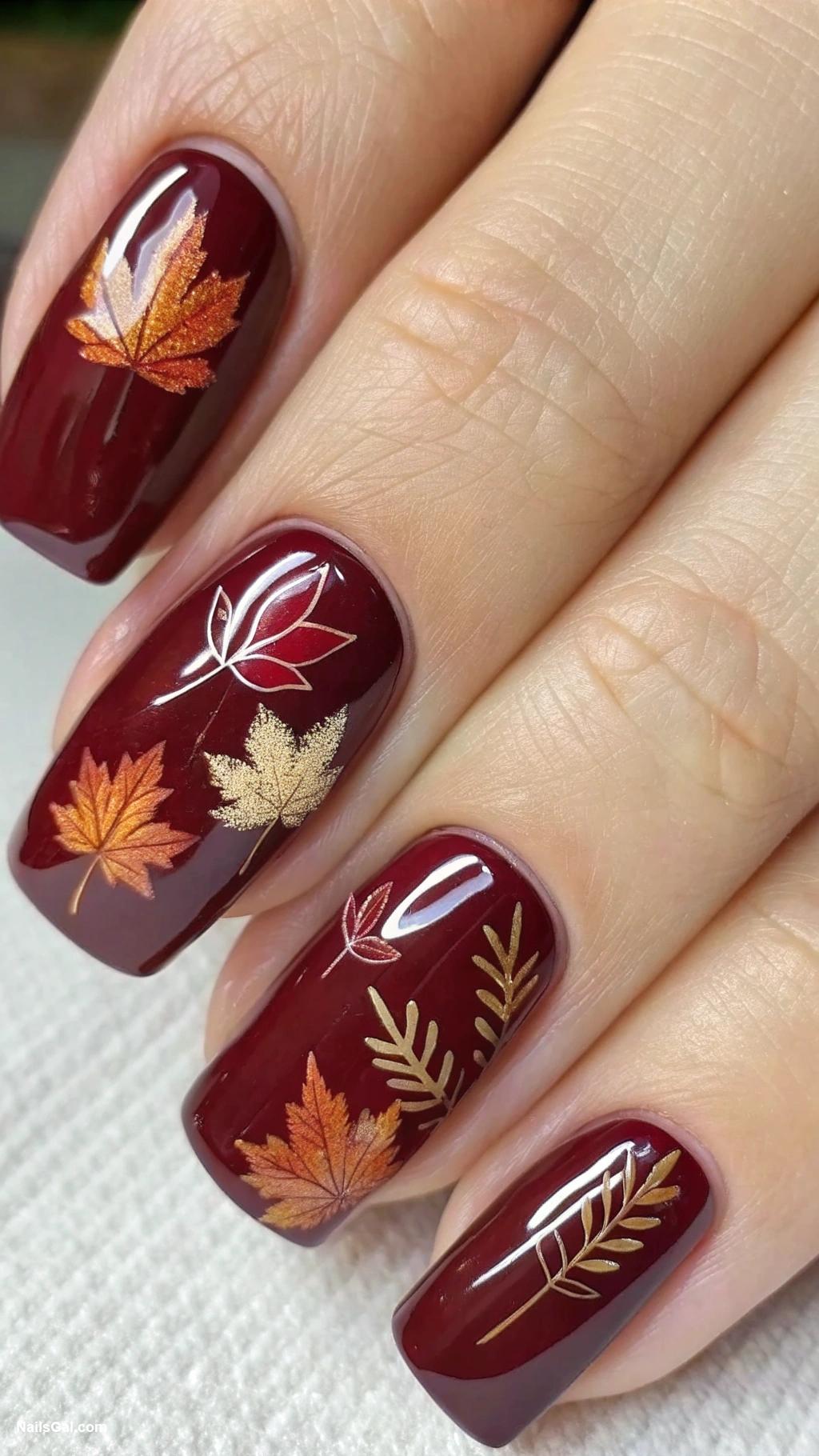 fall leaves nails Maple leaf accents on deep burgundy base