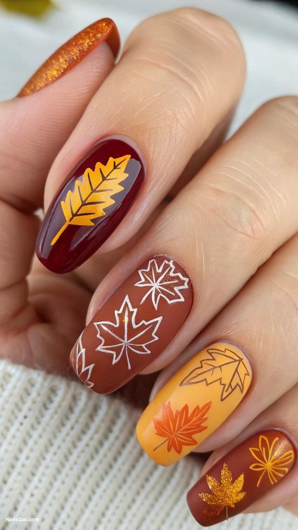 fall leaves nails Matte finish with glossy leaf outlines