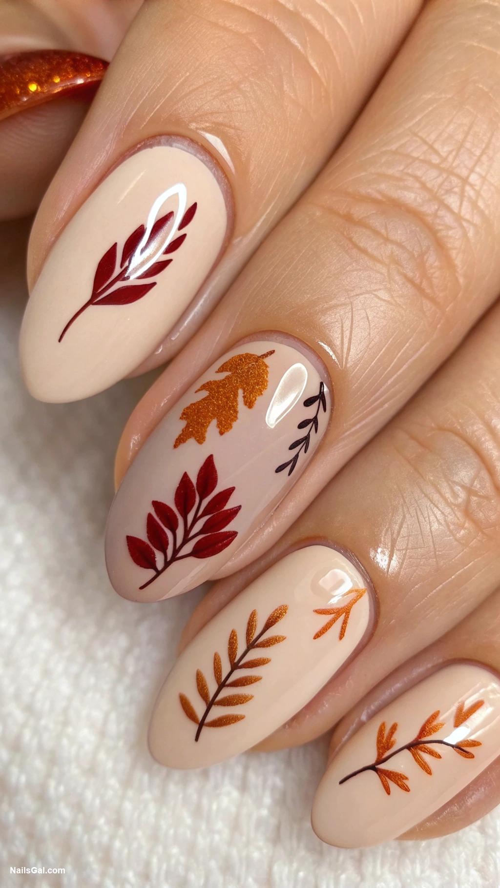 fall leaves nails Negative space leaves on nude background
