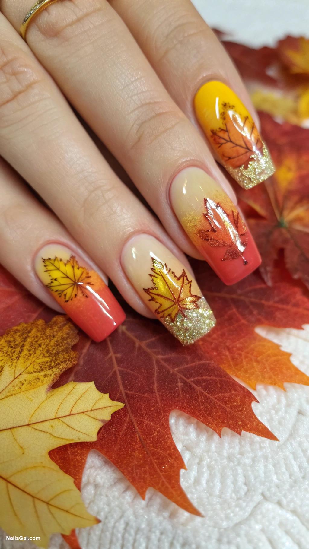 fall leaves nails Ombre leaves with gold glitter tips