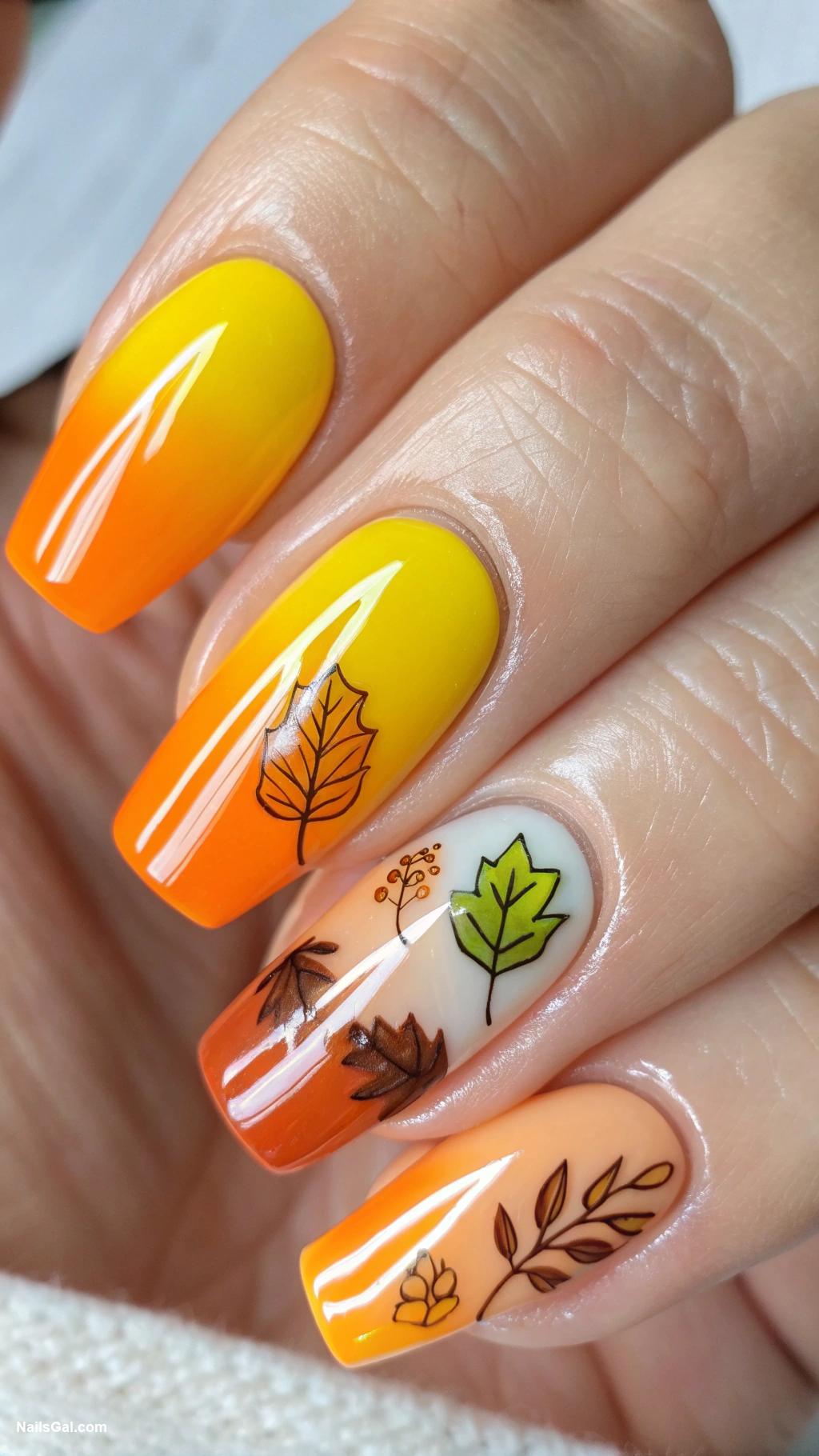 fall leaves nails Orange and yellow gradient with leaf stickers
