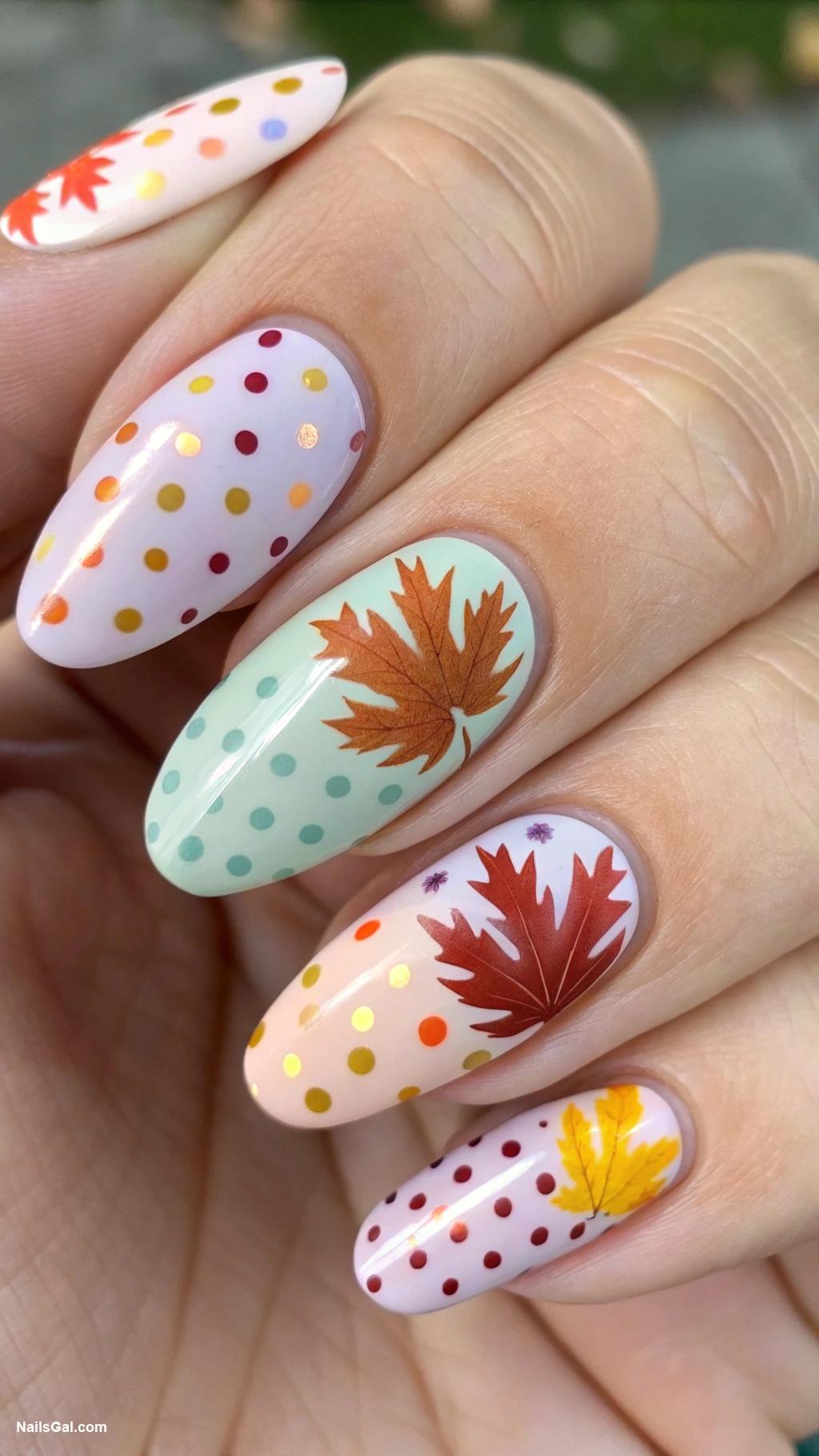 fall leaves nails Polka dot fall leaves mix on pastel base