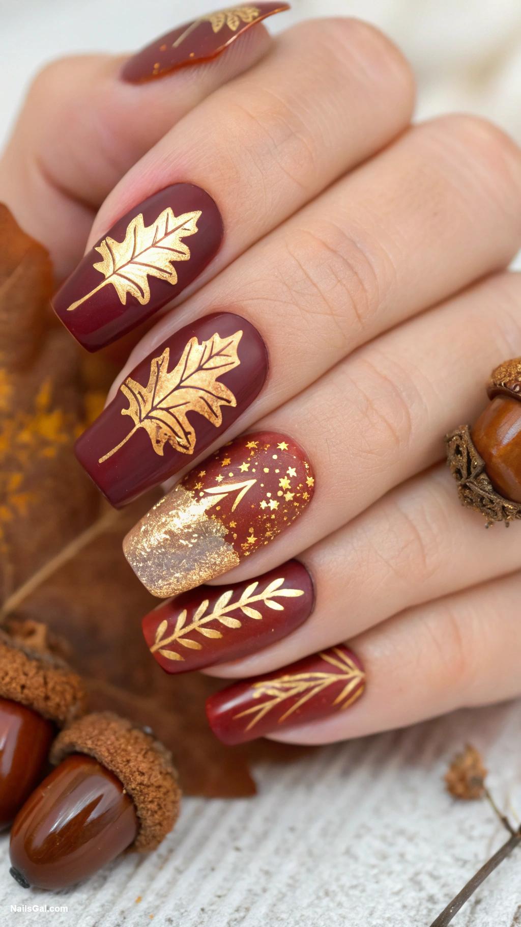 fall nail ideas Autumn leaves and gold accents