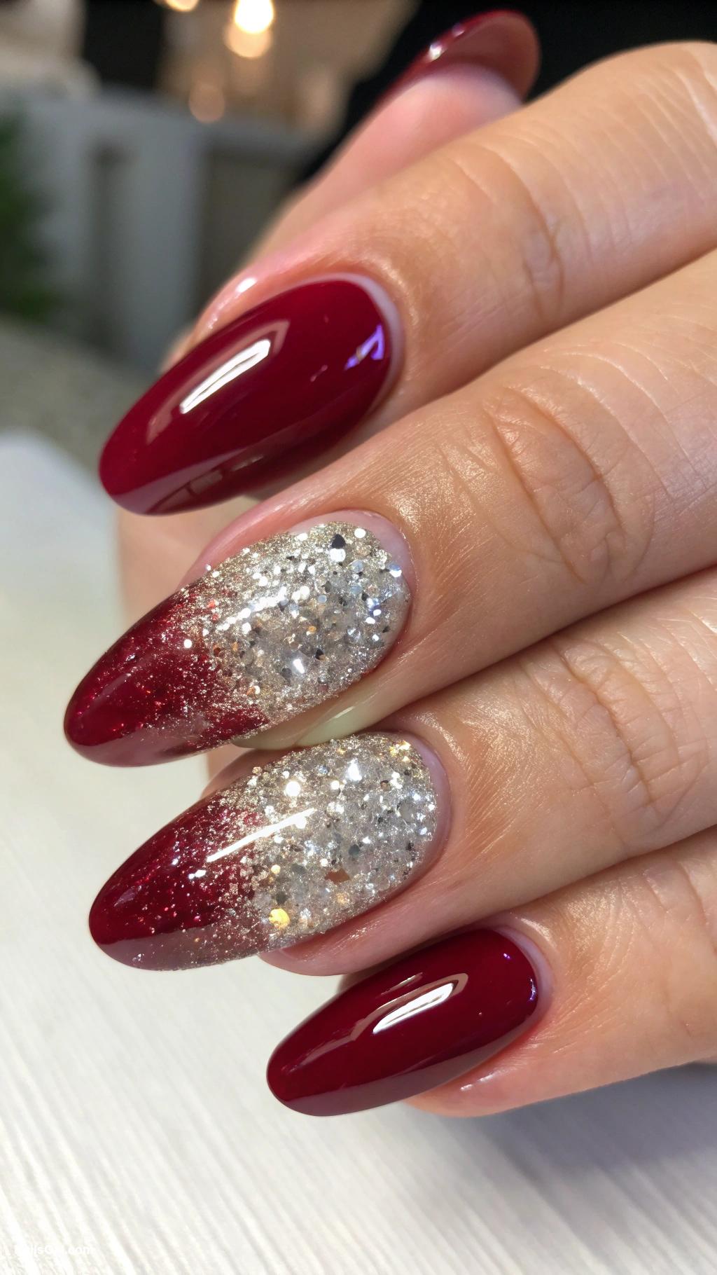 fall nail ideas Cranberry crush with glitter tips