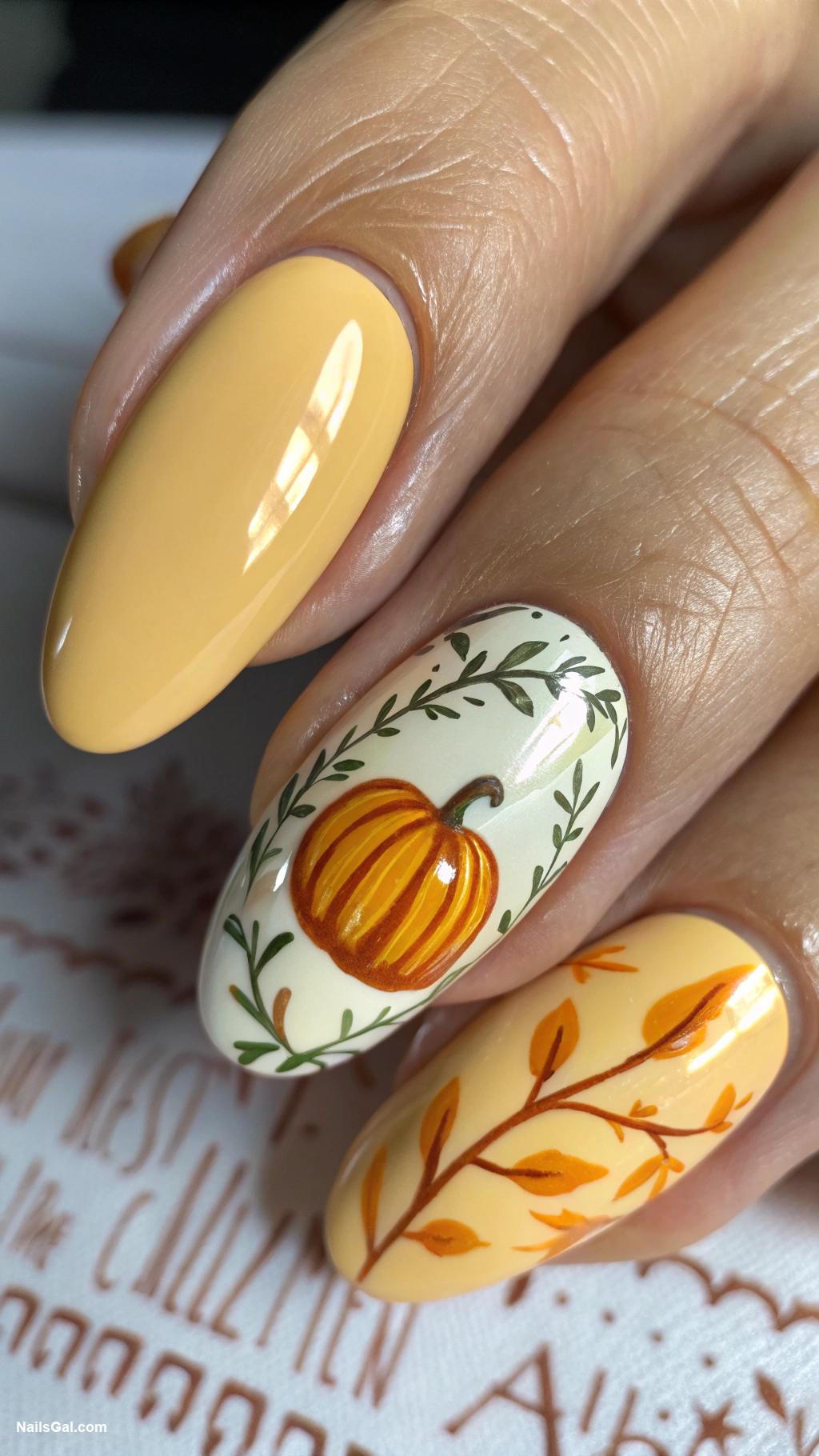 fall nail ideas Muted mustard yellow with pumpkin nail