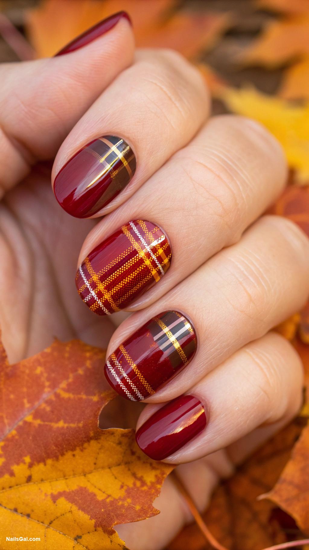 fall nail ideas Warm plaid pattern on deep red