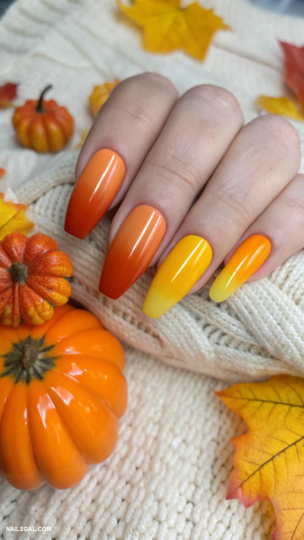 fall ombre nails Pumpkin orange to sunset yellow blend
