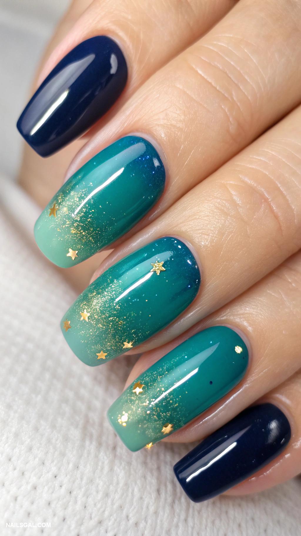 fall ombre nails Teal green to deep navy blue fade