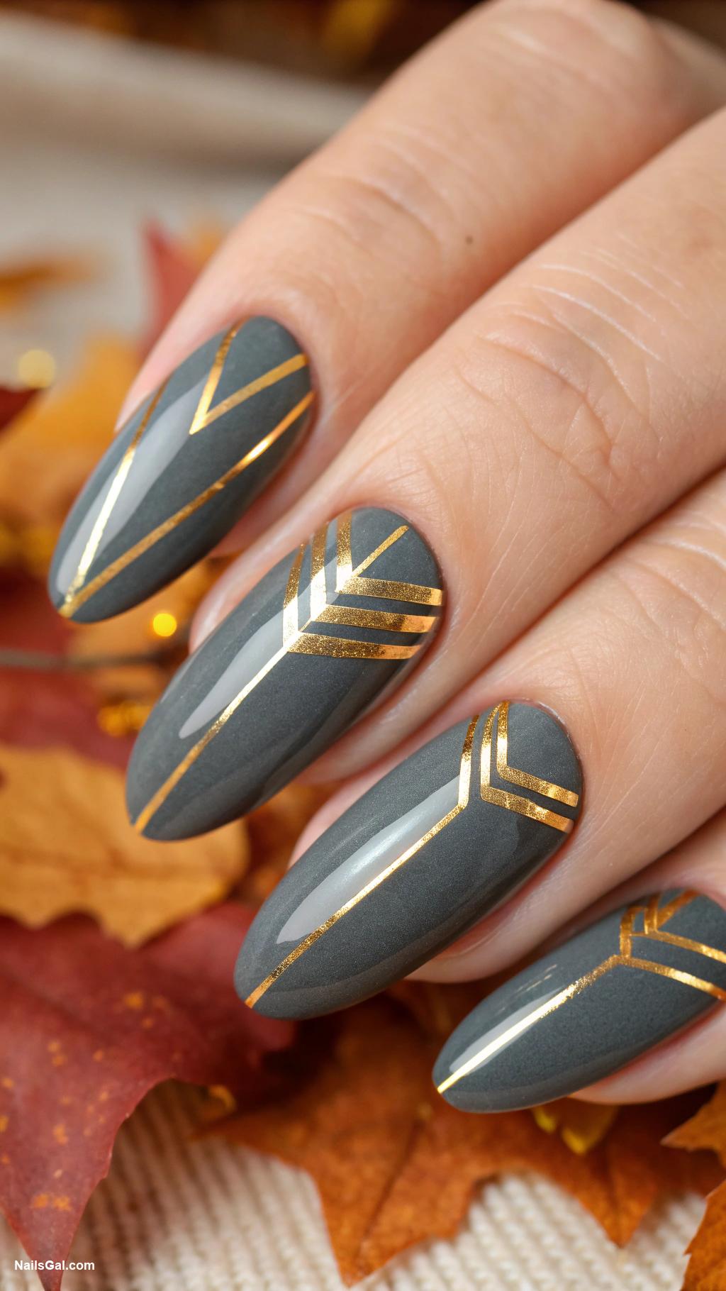 fall wedding nails Charcoal gray with metallic gold stripes