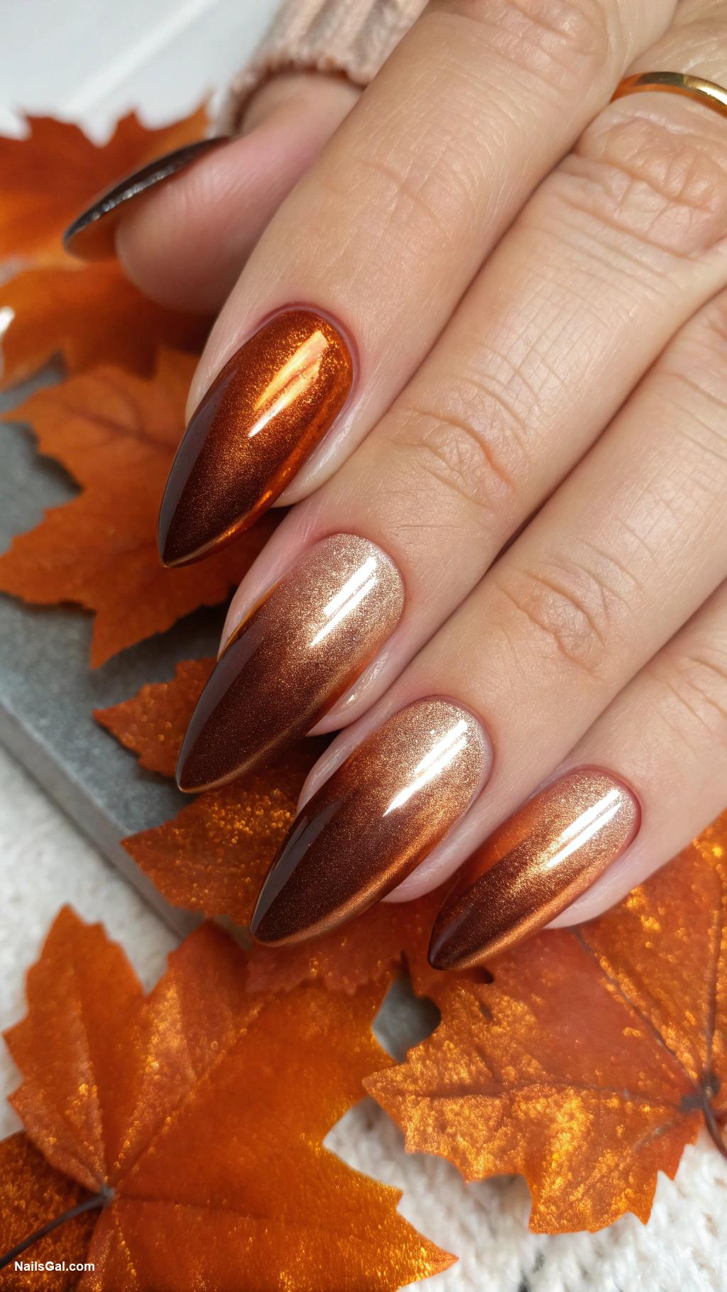 fall wedding nails Copper and bronze ombre effect