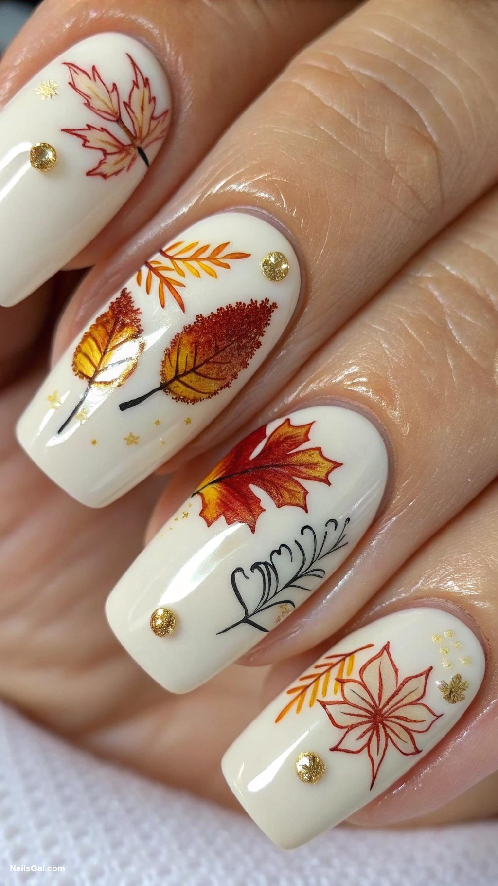 fall wedding nails Creamy white with autumn floral art