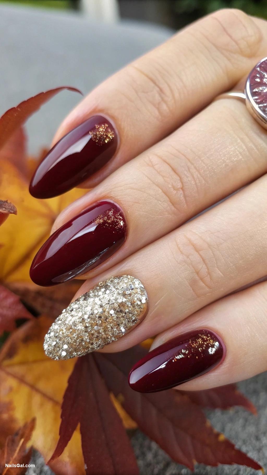 fall wedding nails Deep burgundy with glittery tips