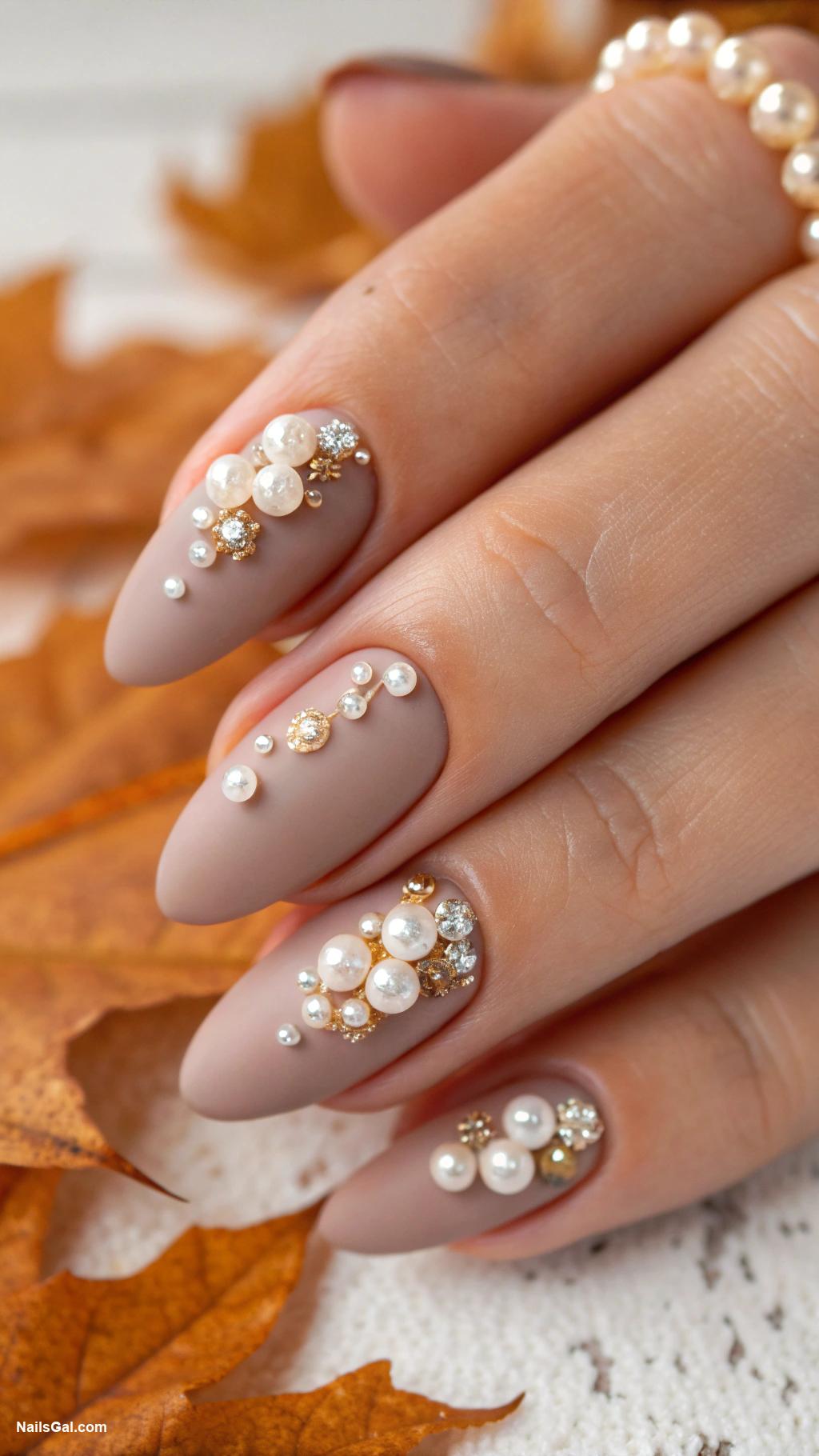 fall wedding nails Matte taupe with pearl embellishments
