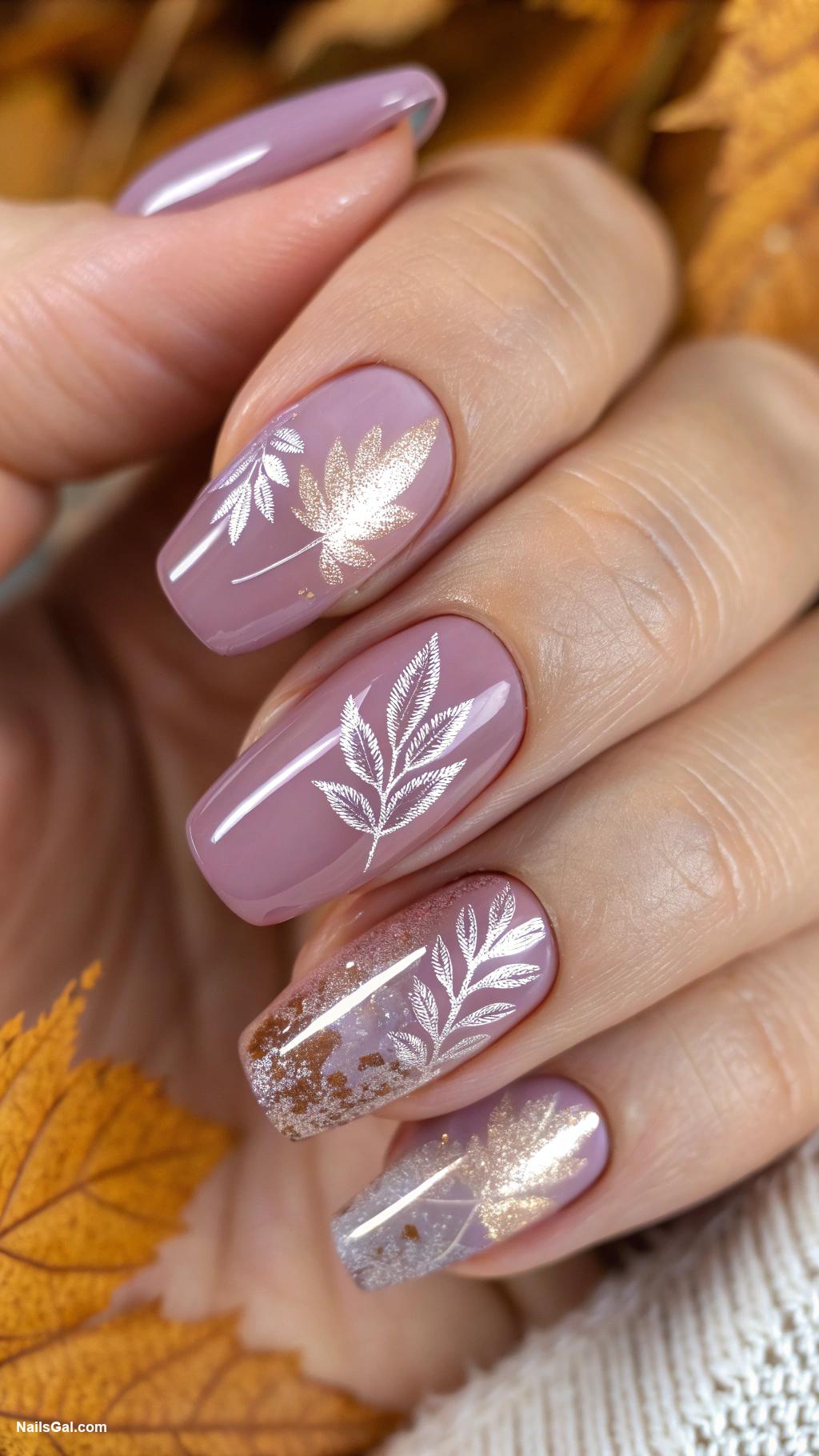 fall wedding nails Mauve nails with holographic leaf details