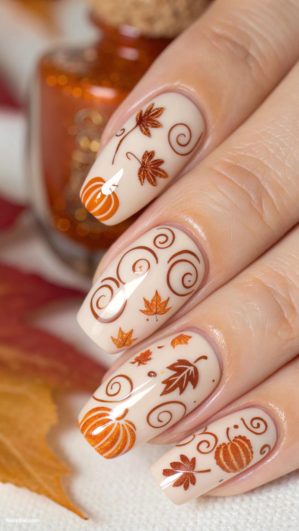 fall wedding nails Nude base with pumpkin spice patterns