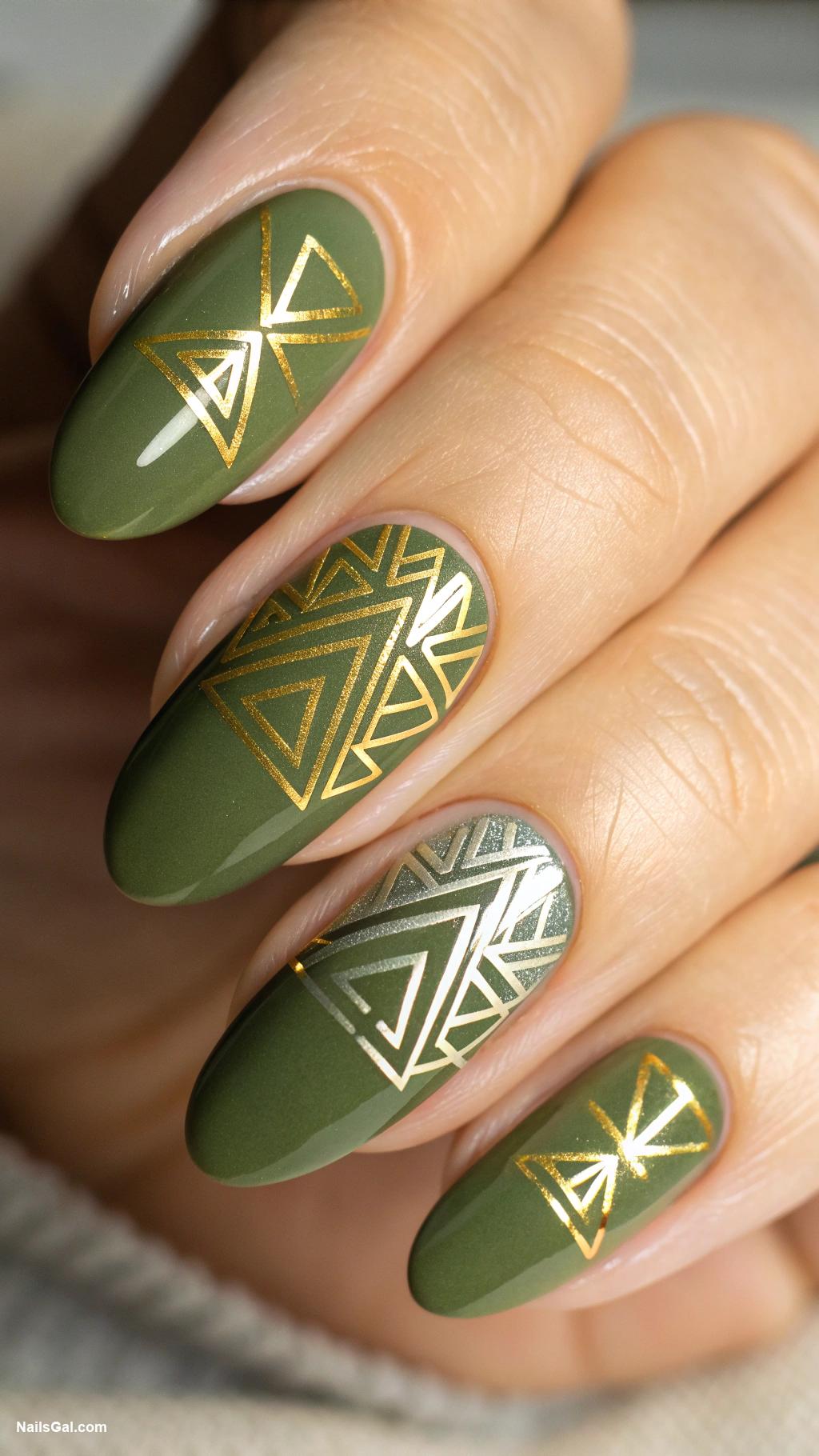 fall wedding nails Olive green with foiled geometric shapes