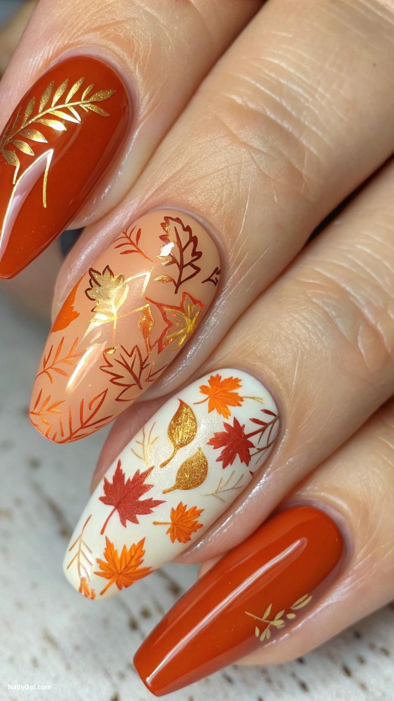 fall wedding nails Rustic orange leaves with gold accents