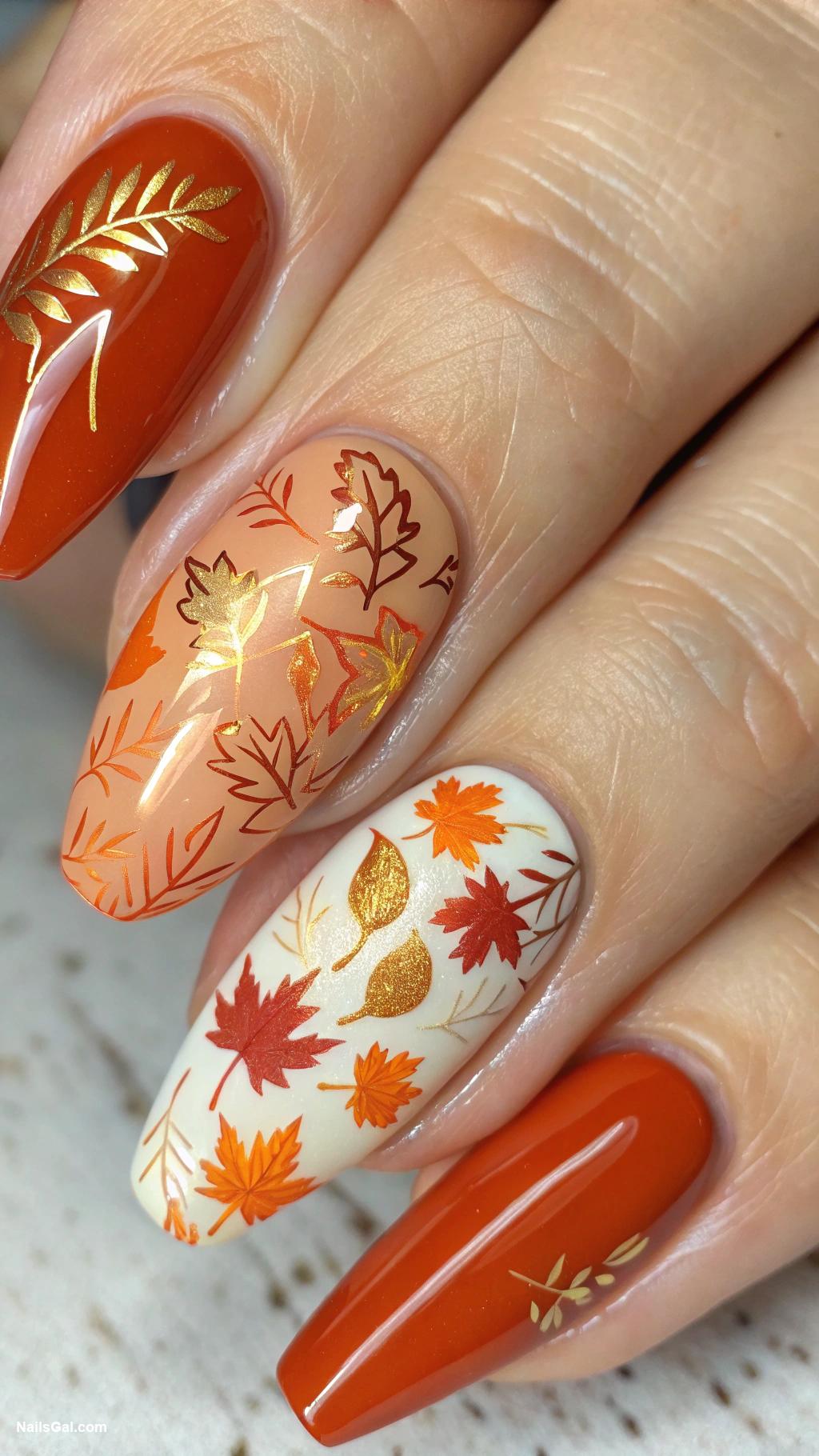 fall wedding nails Rustic orange leaves with gold accents