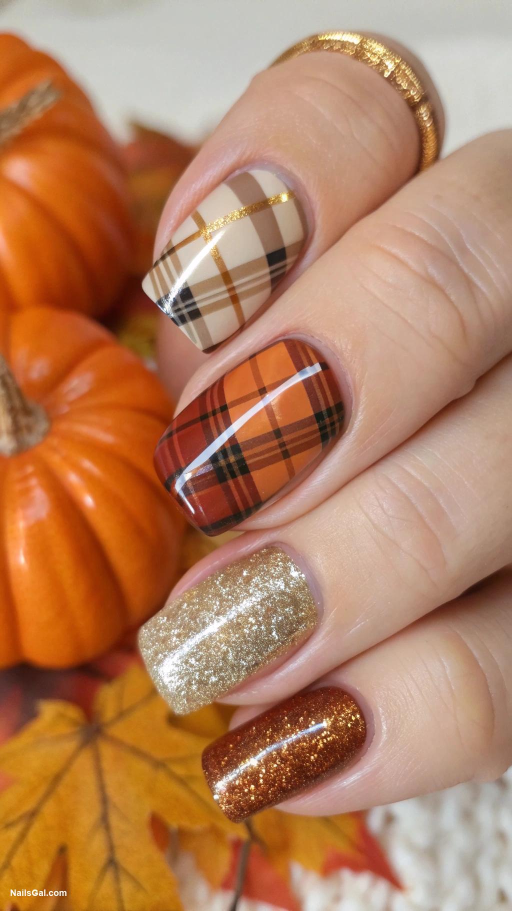 fall wedding nails Warm plaid design in earthy tones