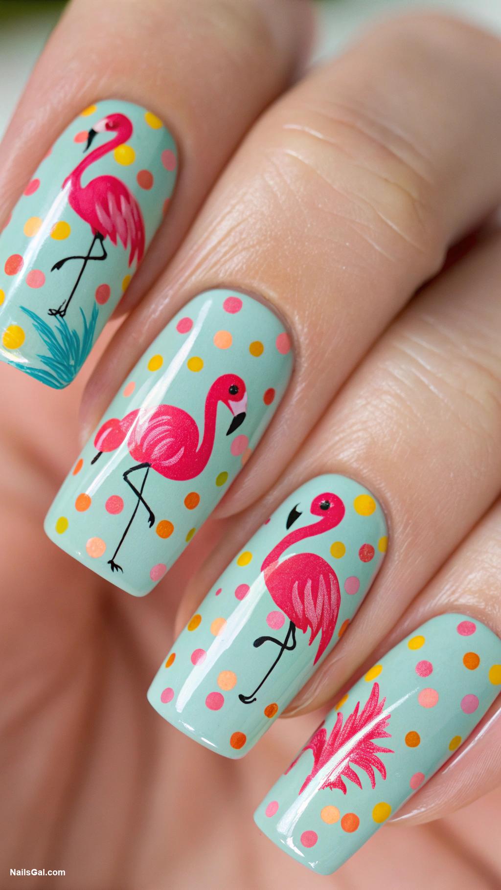 flamingo nails Bright flamingos with colorful polka dots