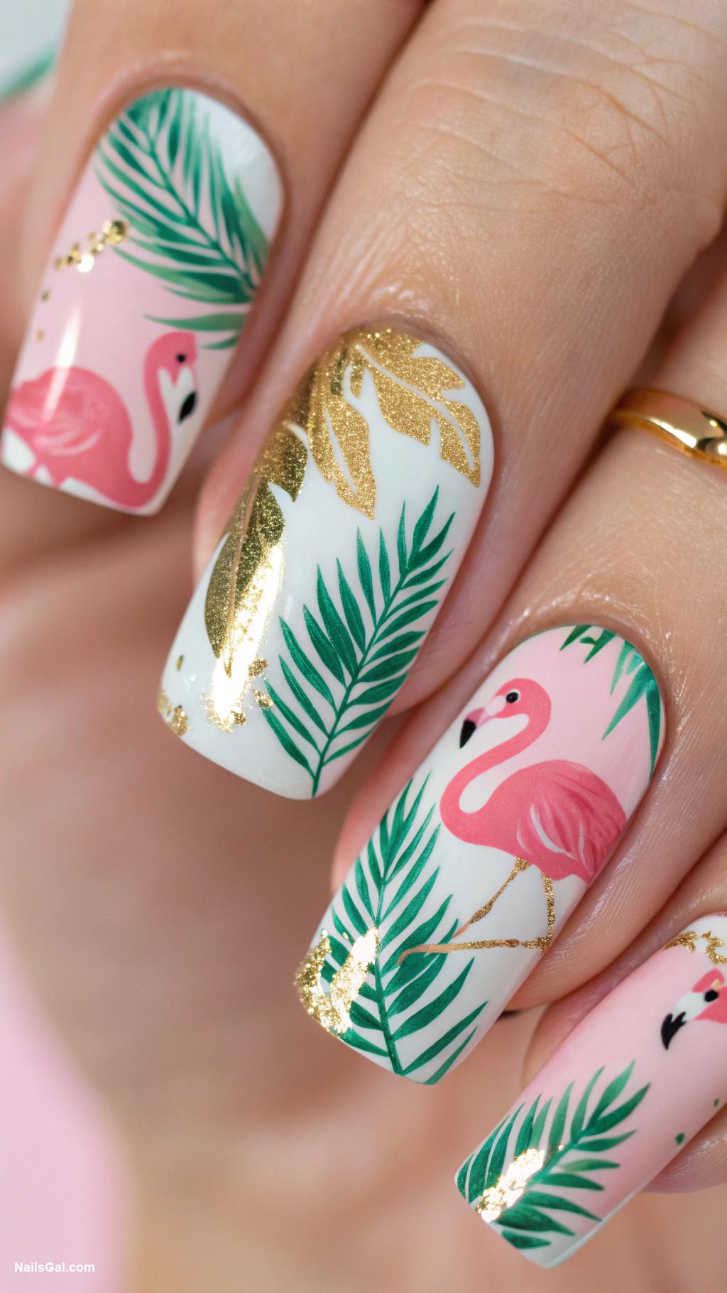 flamingo nails Flamingo prints with gold foil accents