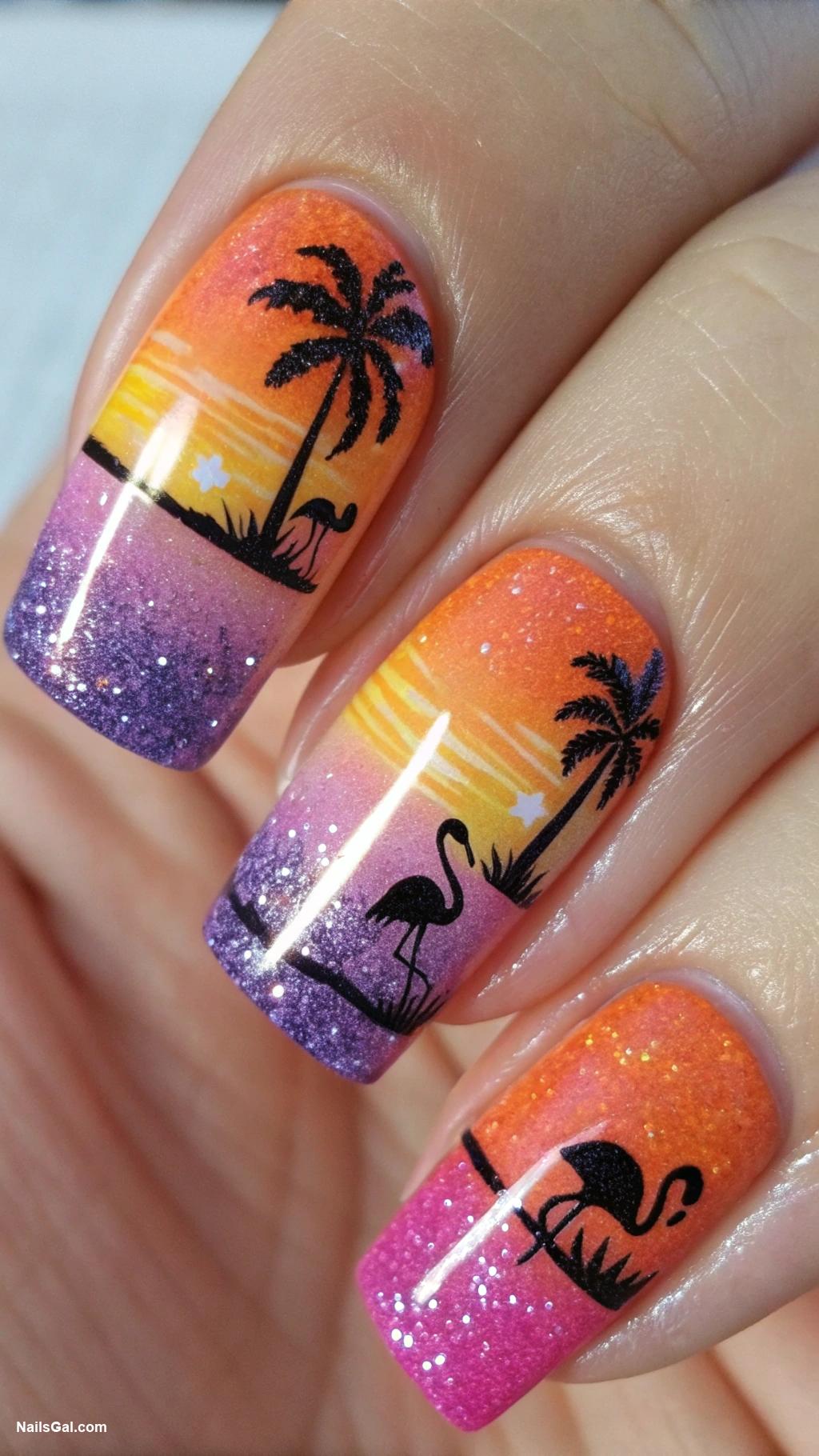 flamingo nails Glittery beach sunset with flamingos