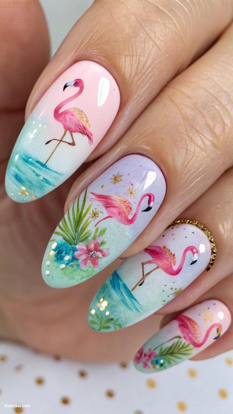 flamingo nails Watercolor flamingo nail art