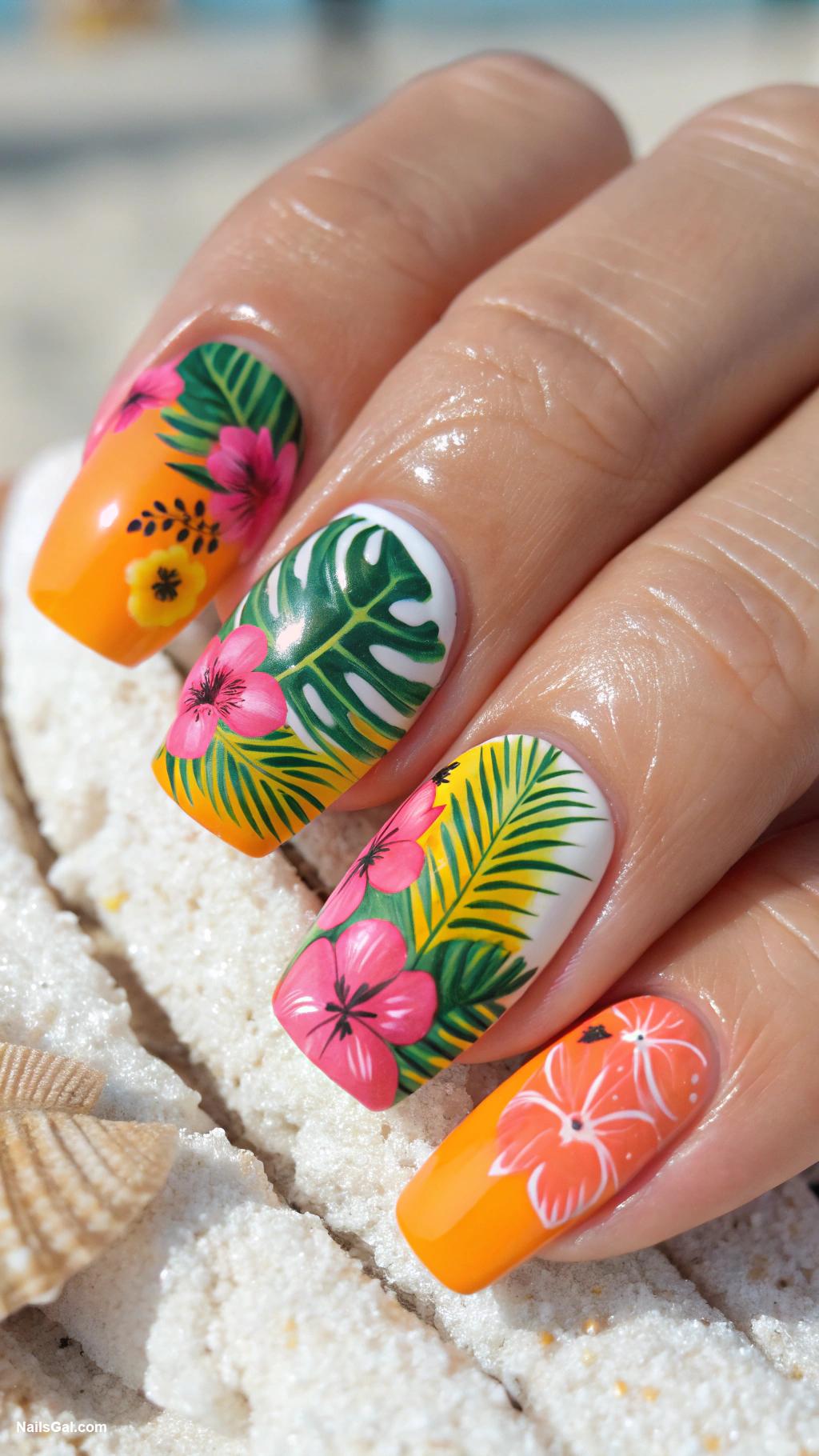florida nails Bright florals with tropical leaves