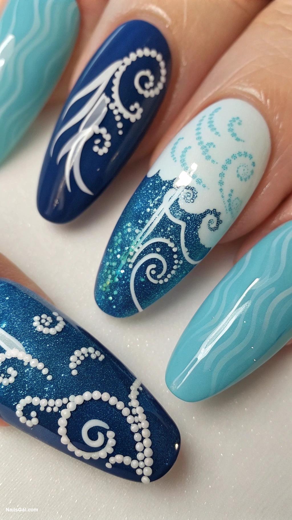 florida nails Ocean wave patterns in blue hues
