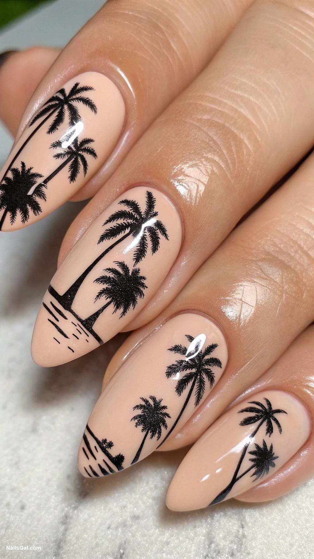 florida nails Palm tree silhouettes on nude base