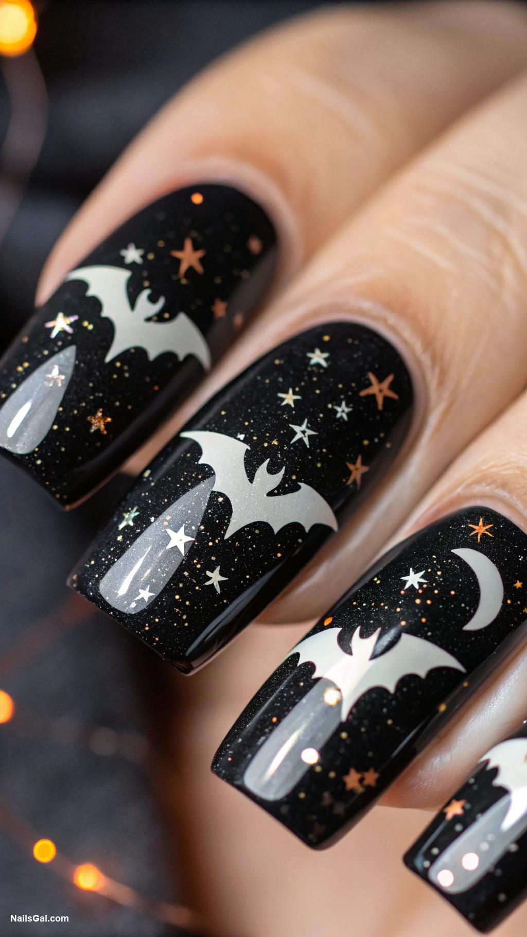 halloween nails ideas Bats flying over a night sky design