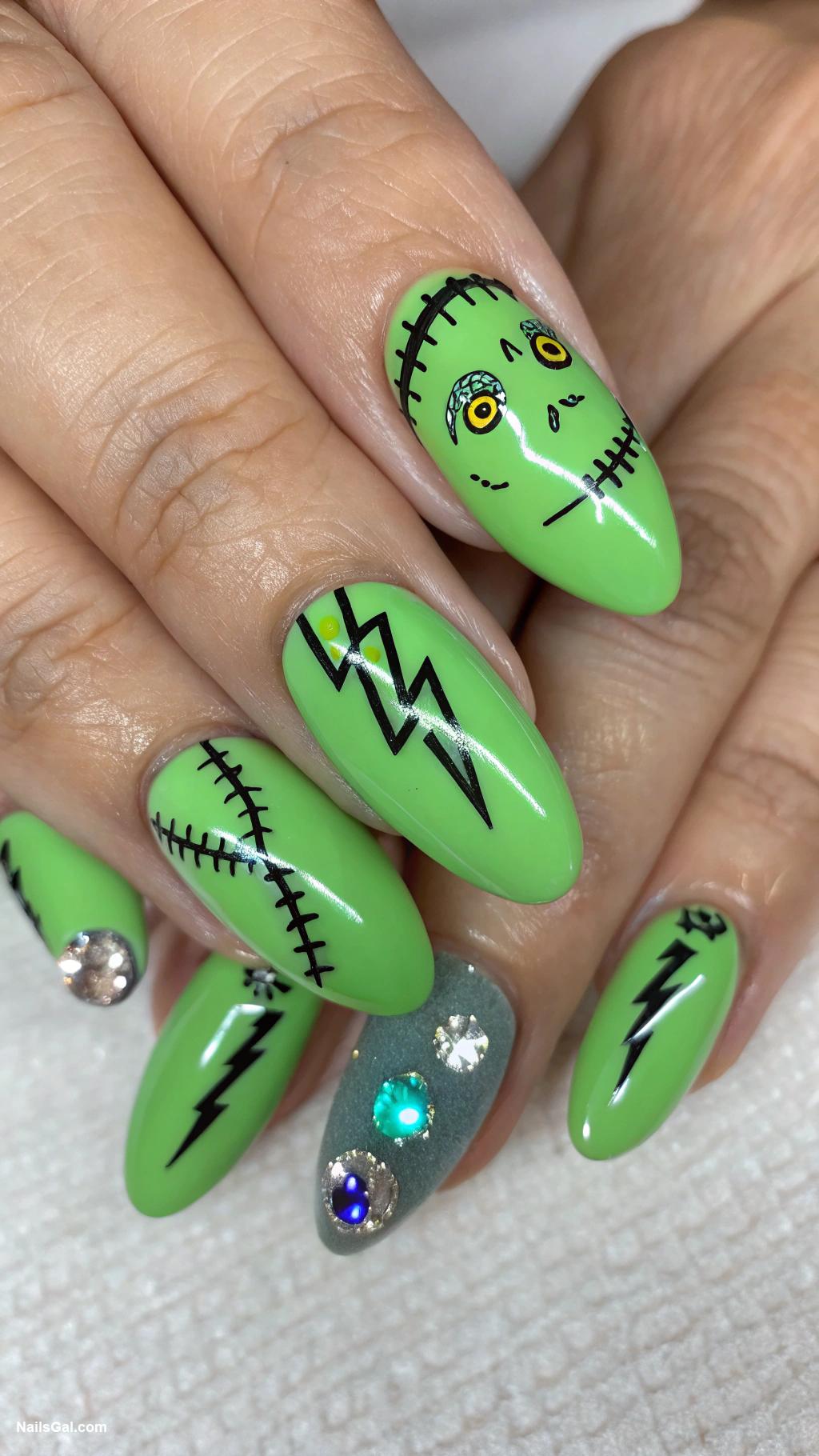 halloween nails ideas Frankenstein monster green with stitches