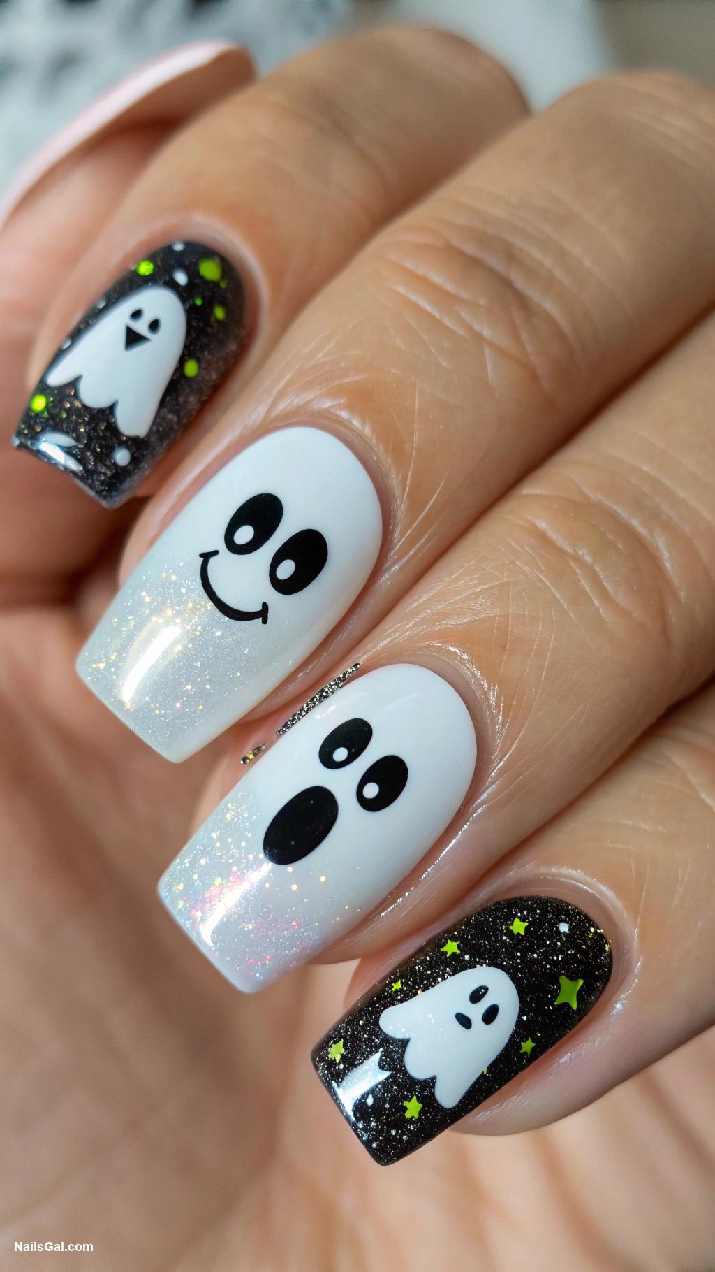 halloween nails ideas Ghost faces with glowing polish