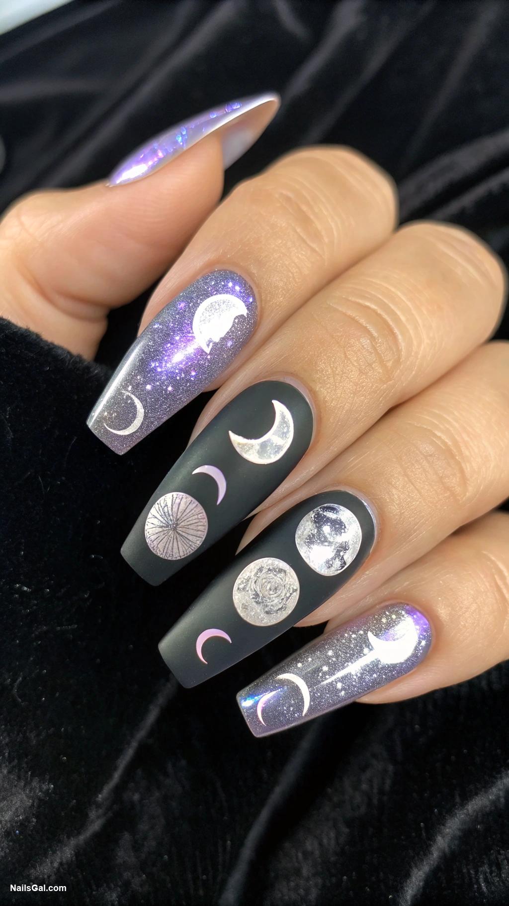 halloween nails ideas Holographic moon phases on dark background
