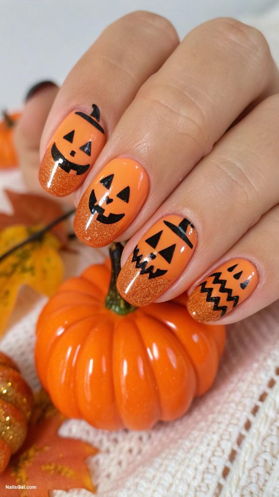 halloween nails ideas Pumpkin orange with jack o lantern designs