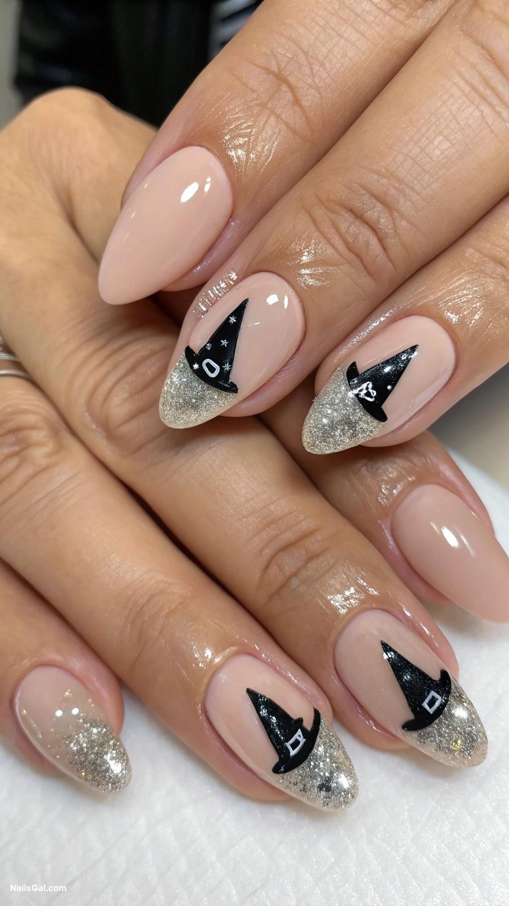 halloween nails ideas Witch hat accents on nude polish