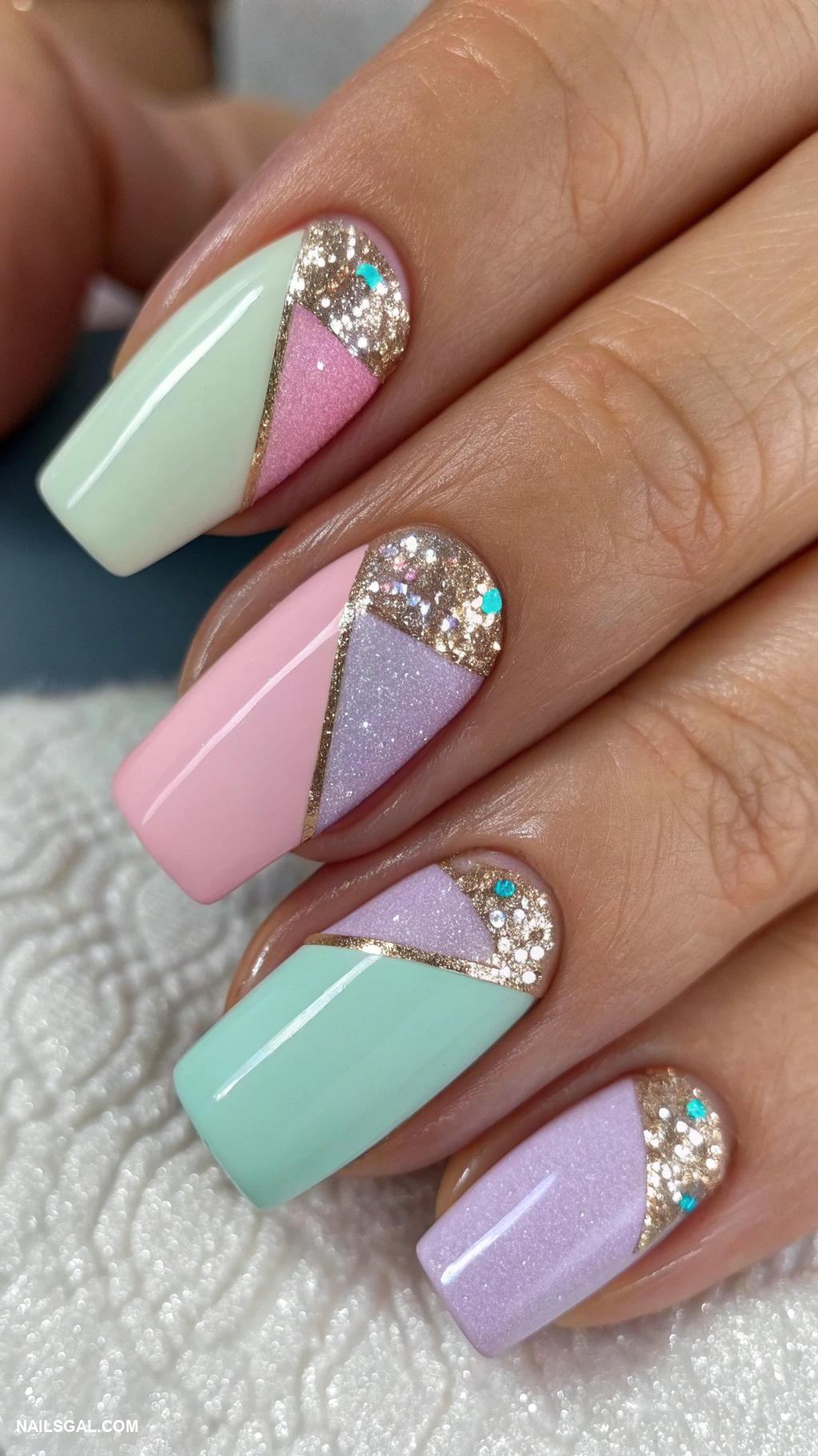 iridescent glitter nails Color block nails with glitter finishing