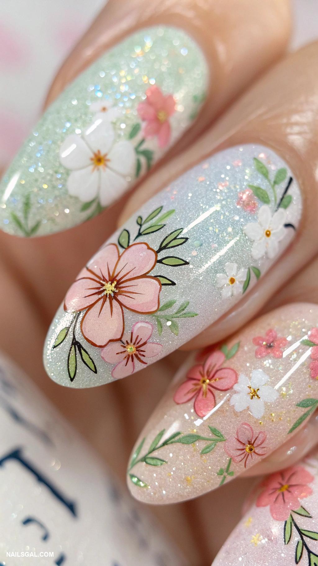 iridescent glitter nails Floral patterns with sparkling glitter overlay