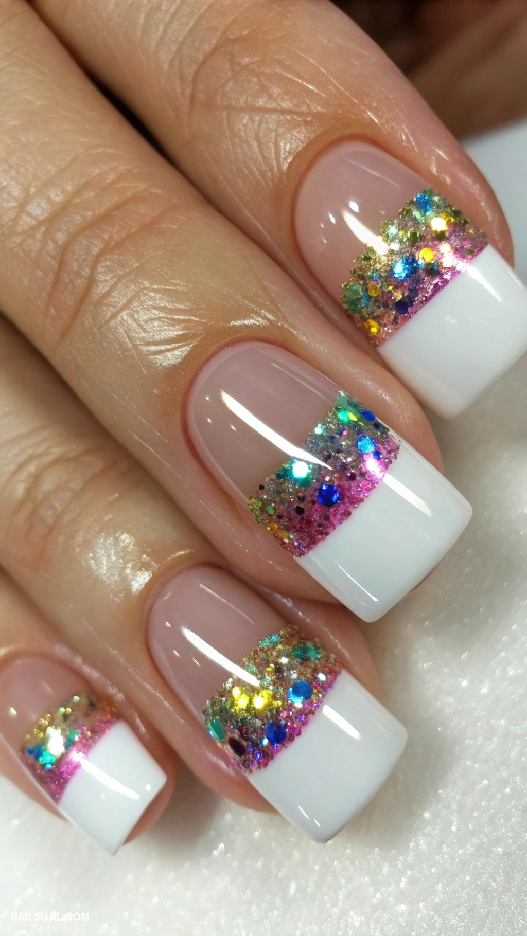 iridescent glitter nails French tips with colorful glitter accents