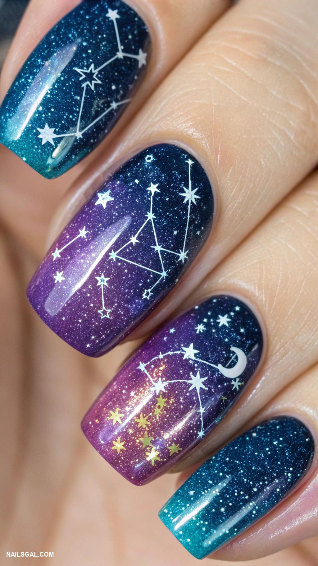 iridescent glitter nails Galaxy inspired design with shimmering stars