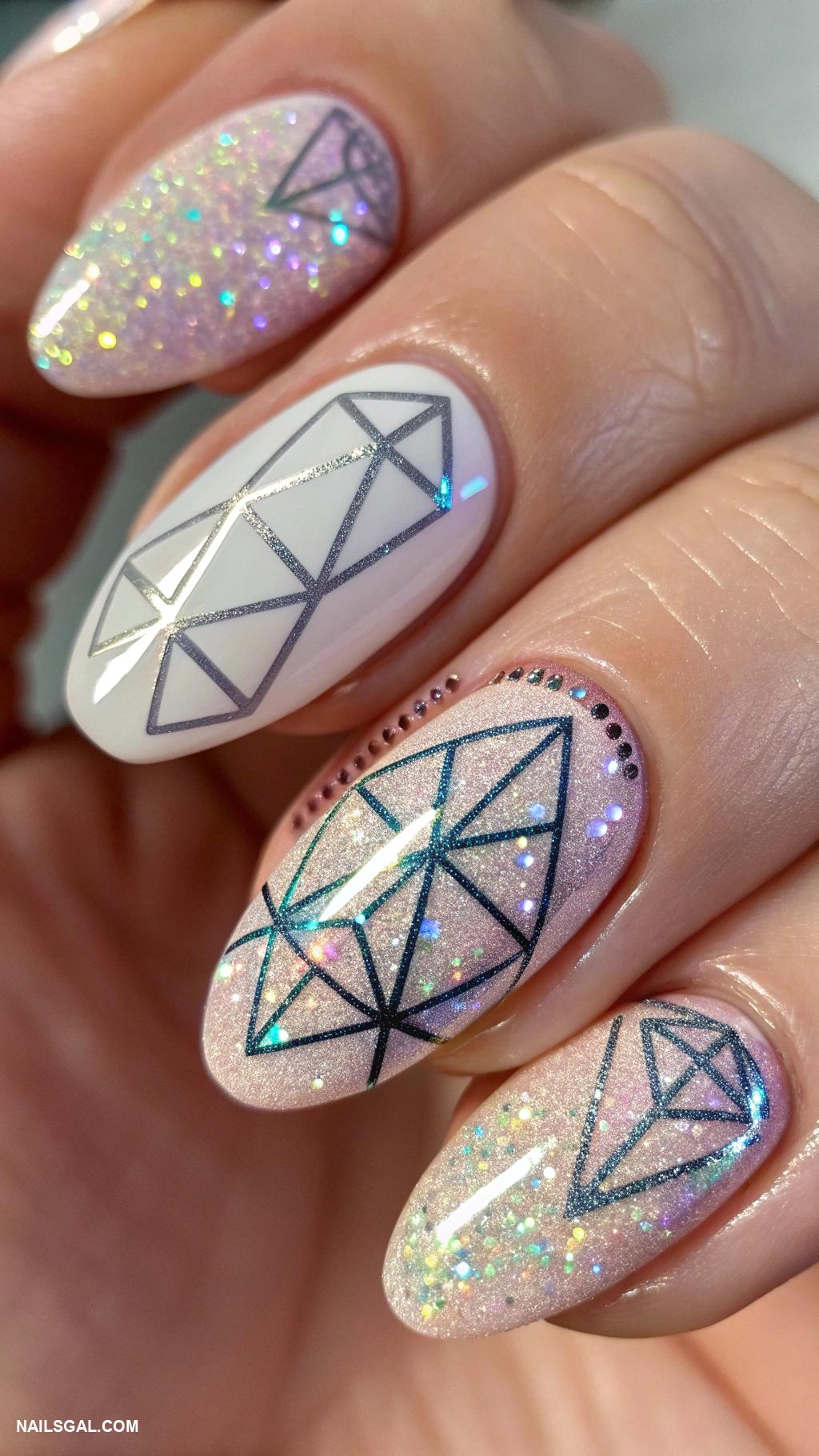 iridescent glitter nails Geometric shapes filled with iridescent sparkles