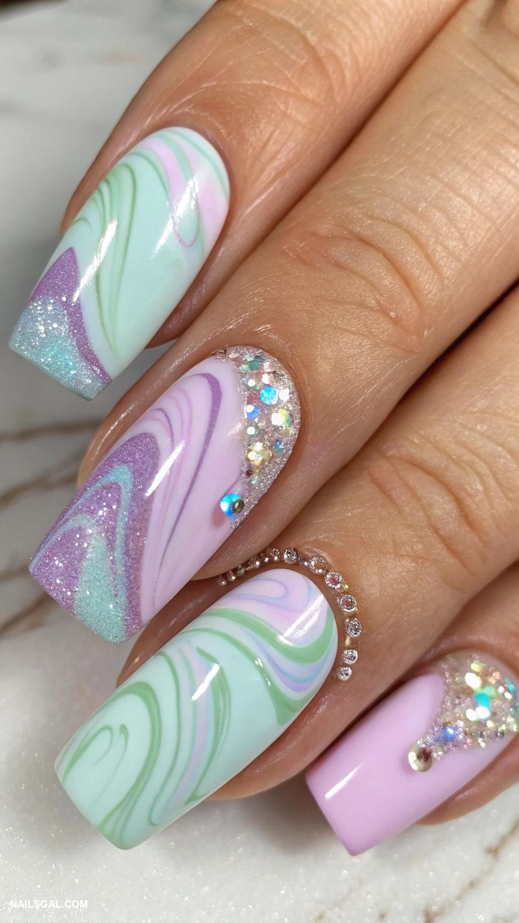 iridescent glitter nails Marble effect with glitter highlights